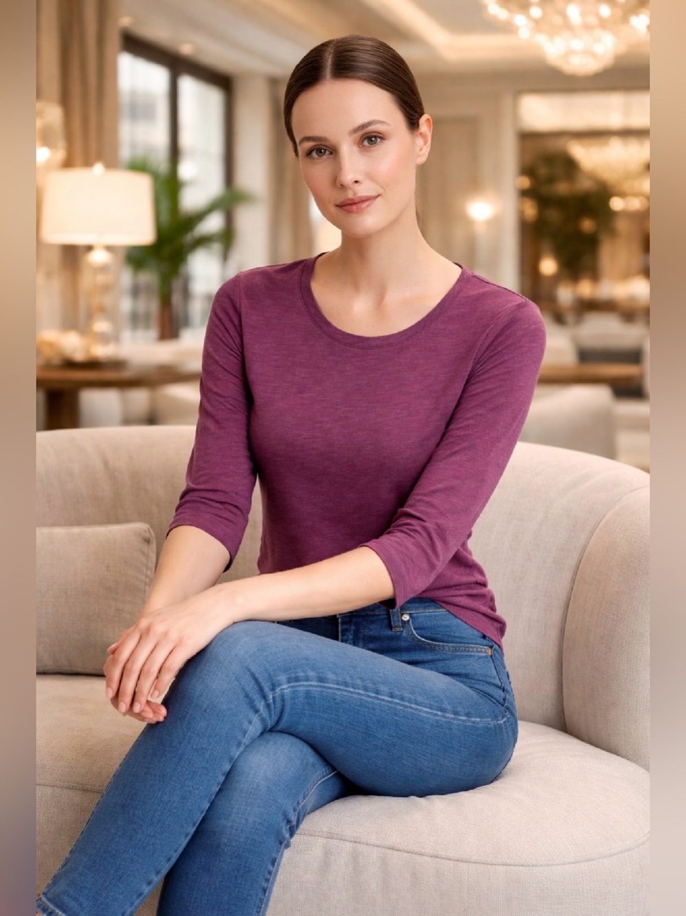 DENIM & COMPANY WOMEN’S 3/4 SLEEVE LIGHT WEIGHT T-SHIRT